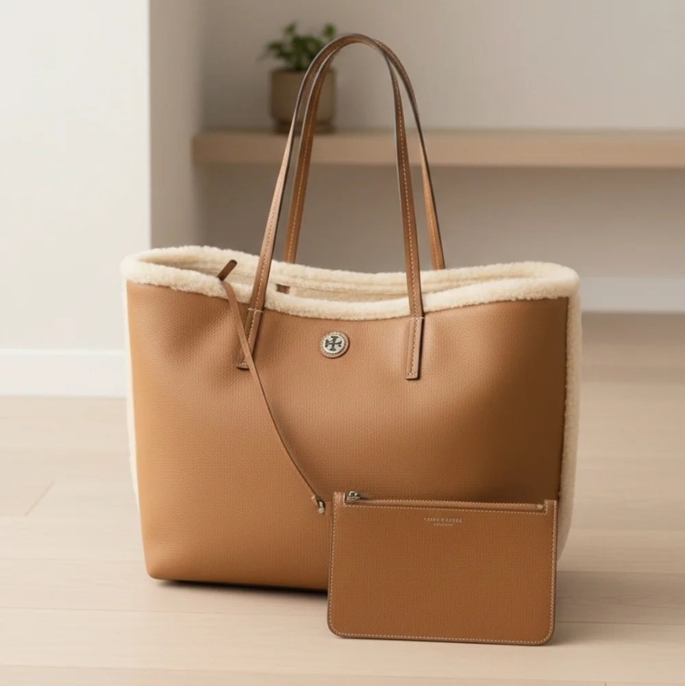 Tory Burch Blake Shearling Large Tote With Leather Pouch